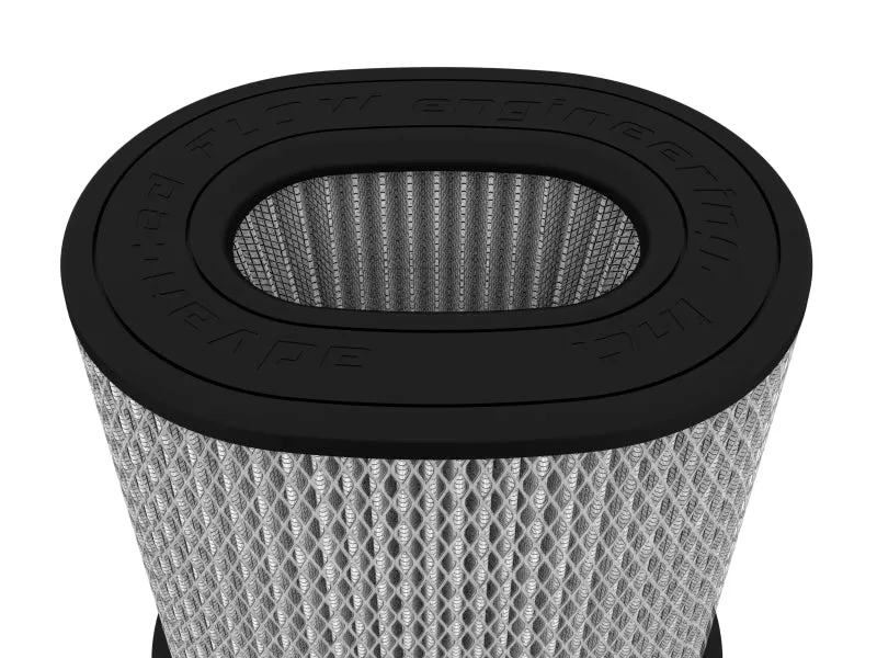 aFe Power Magnum FLOW Pro DRY S Oval Air Filter Element - 9 in Length x 7 in Width - 6-1/2 in x 4-3/4 in Flange - 9 in Tall - White