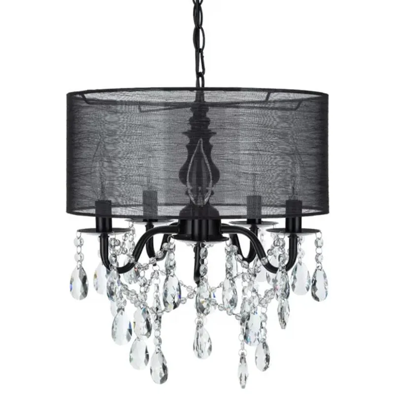 Black Round Fabric Pendant Chandelier with Crystal Accent - Traditional 5-Light Fixture