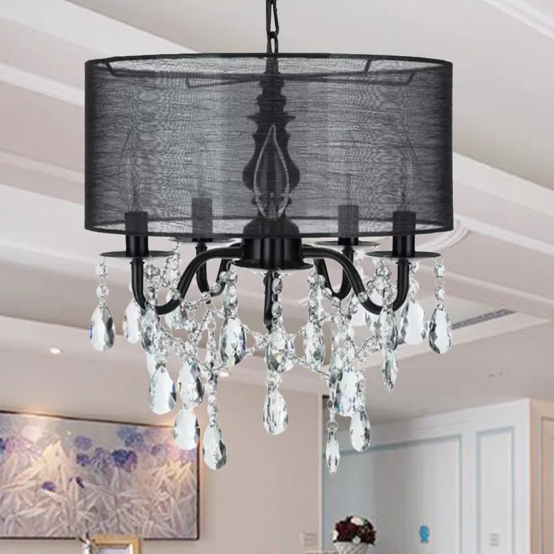 Black Round Fabric Pendant Chandelier with Crystal Accent - Traditional 5-Light Fixture