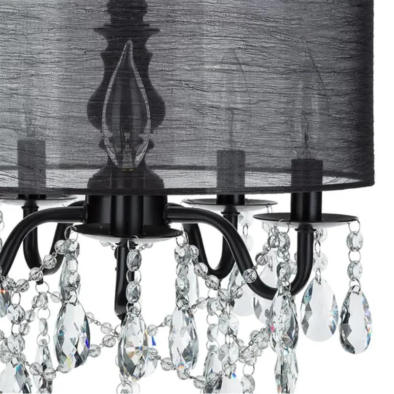 Black Round Fabric Pendant Chandelier with Crystal Accent - Traditional 5-Light Fixture