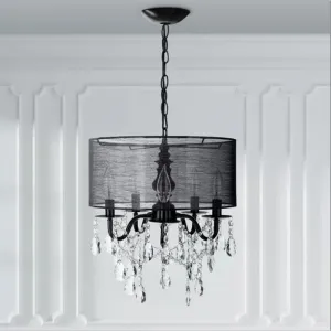 Black Round Fabric Pendant Chandelier with Crystal Accent - Traditional 5-Light Fixture
