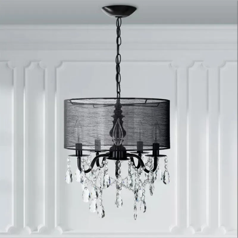 Black Round Fabric Pendant Chandelier with Crystal Accent - Traditional 5-Light Fixture