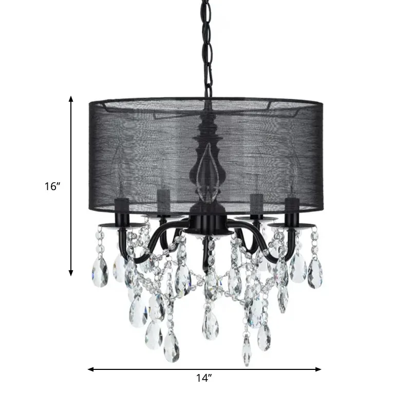 Black Round Fabric Pendant Chandelier with Crystal Accent - Traditional 5-Light Fixture