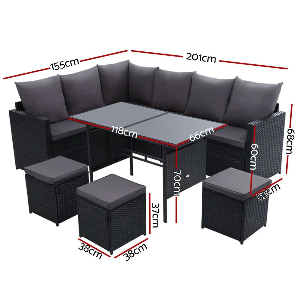 Gardeon Outdoor Furniture Dining Setting Sofa Set Lounge Wicker Nine Seater Black