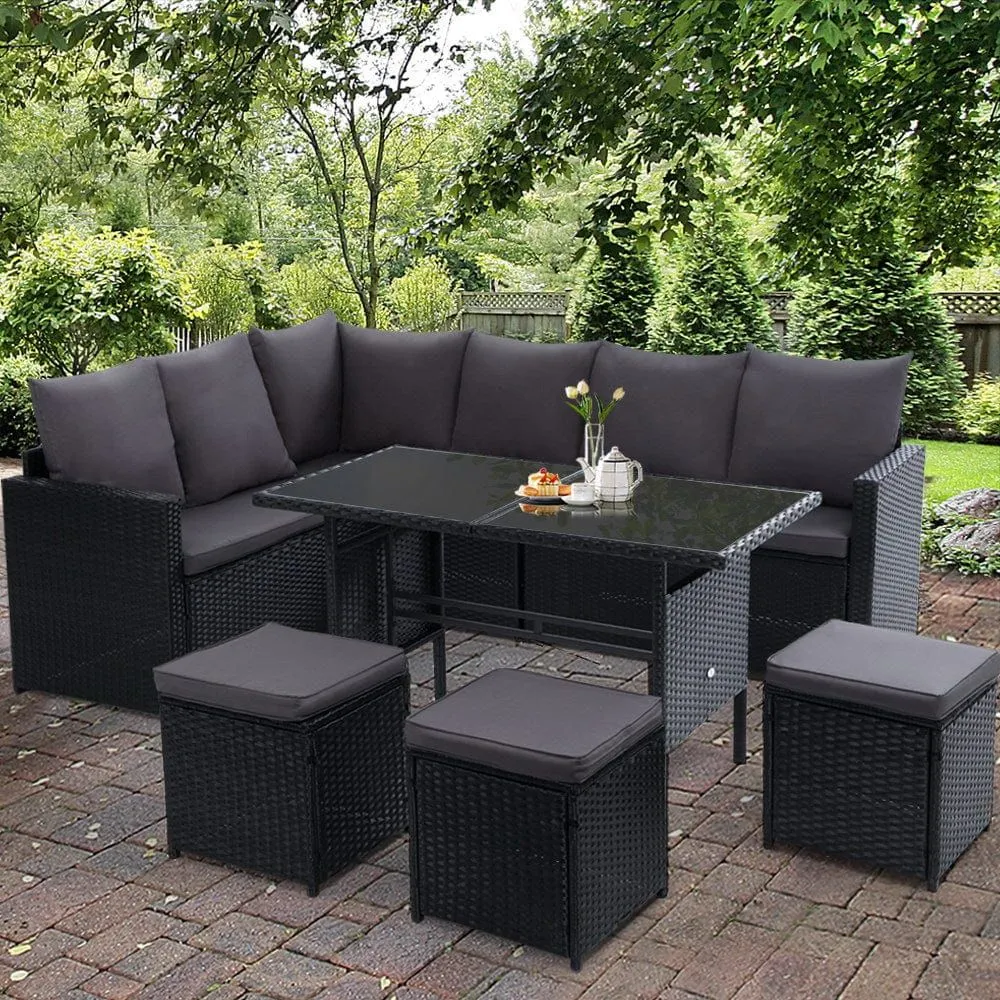 Gardeon Outdoor Furniture Dining Setting Sofa Set Lounge Wicker Nine Seater Black