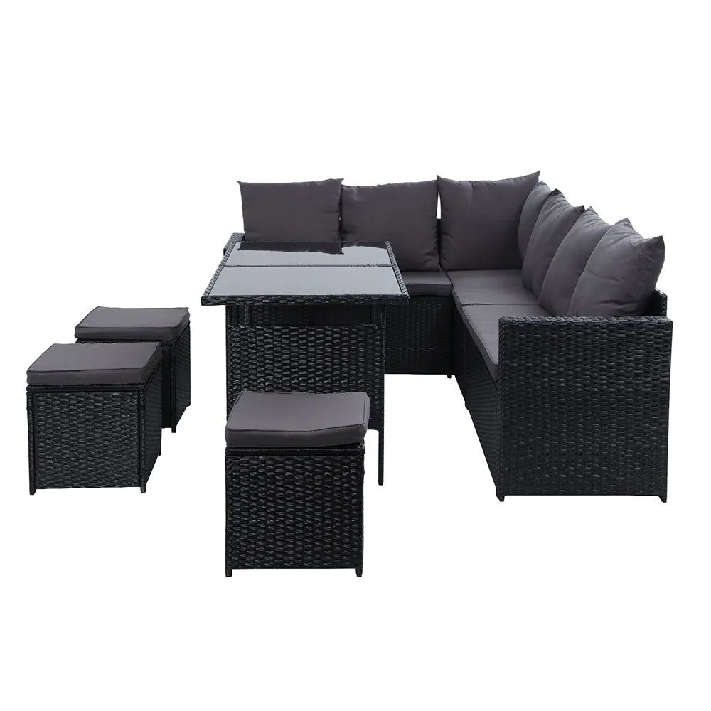Gardeon Outdoor Furniture Dining Setting Sofa Set Lounge Wicker Nine Seater Black