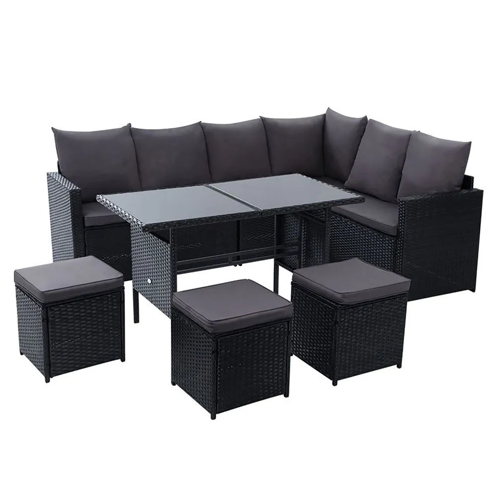 Gardeon Outdoor Furniture Dining Setting Sofa Set Lounge Wicker Nine Seater Black