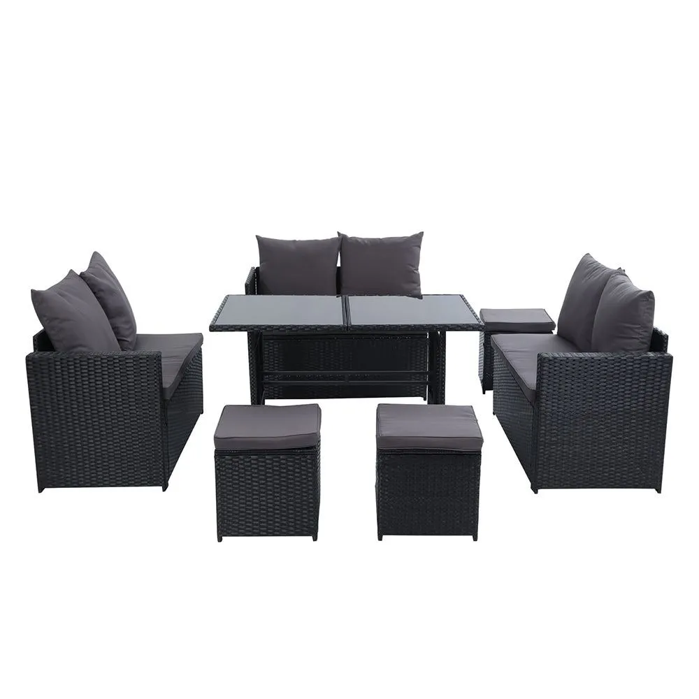 Gardeon Outdoor Furniture Dining Setting Sofa Set Lounge Wicker Nine Seater Black
