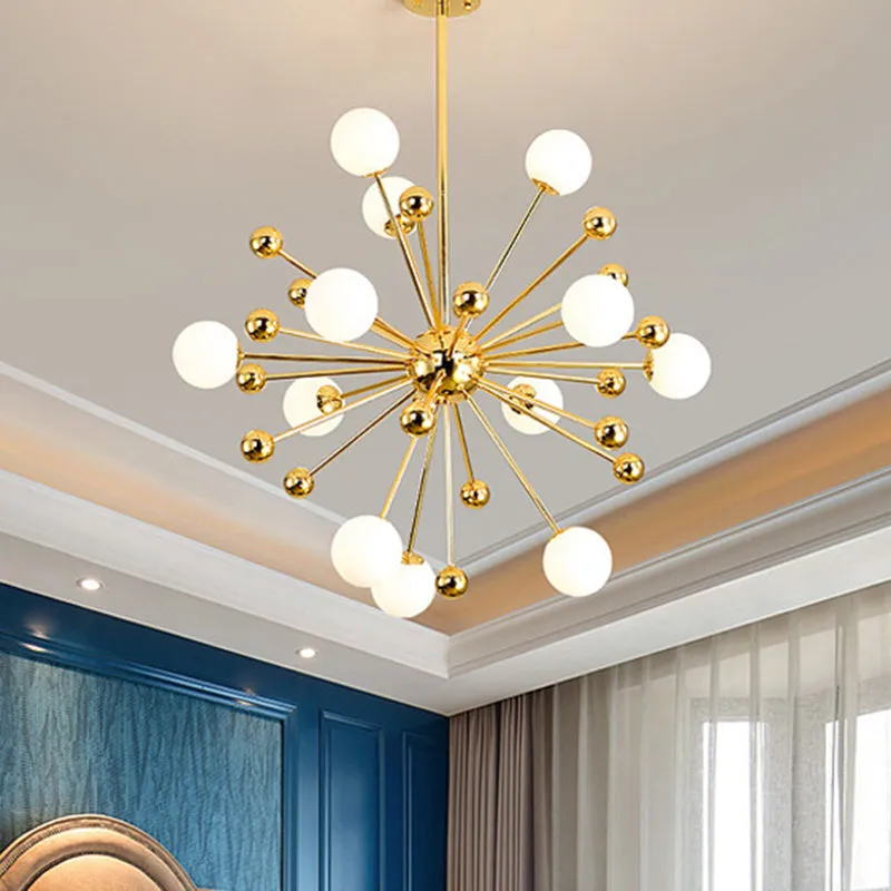 Gold Starburst Metal Chandelier Pendant Lamp with Multi Lights and White Glass Ball Shade - 23.5"/31.5"/39" Wide