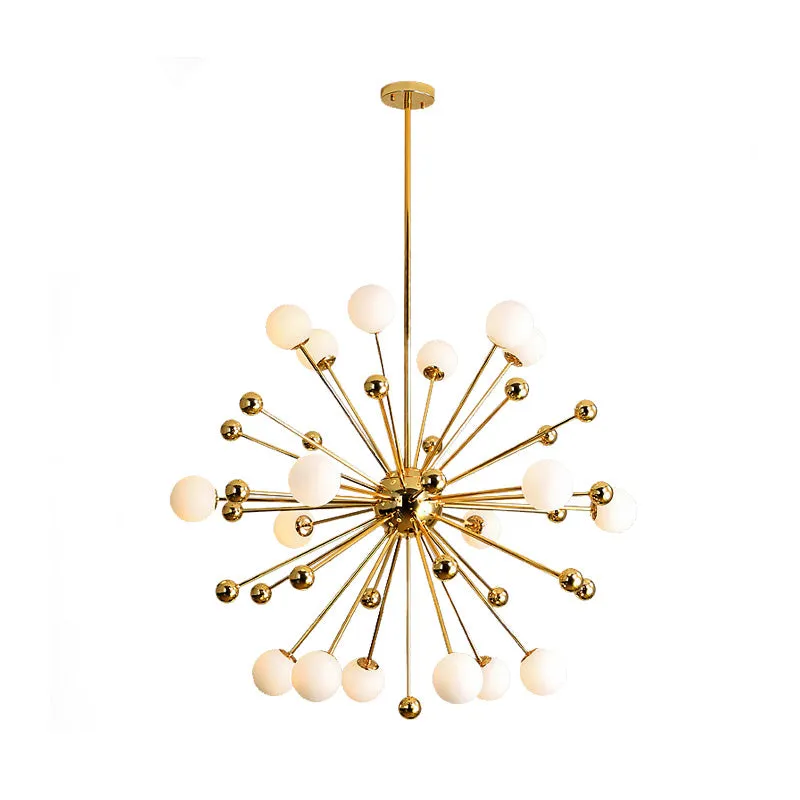 Gold Starburst Metal Chandelier Pendant Lamp with Multi Lights and White Glass Ball Shade - 23.5"/31.5"/39" Wide