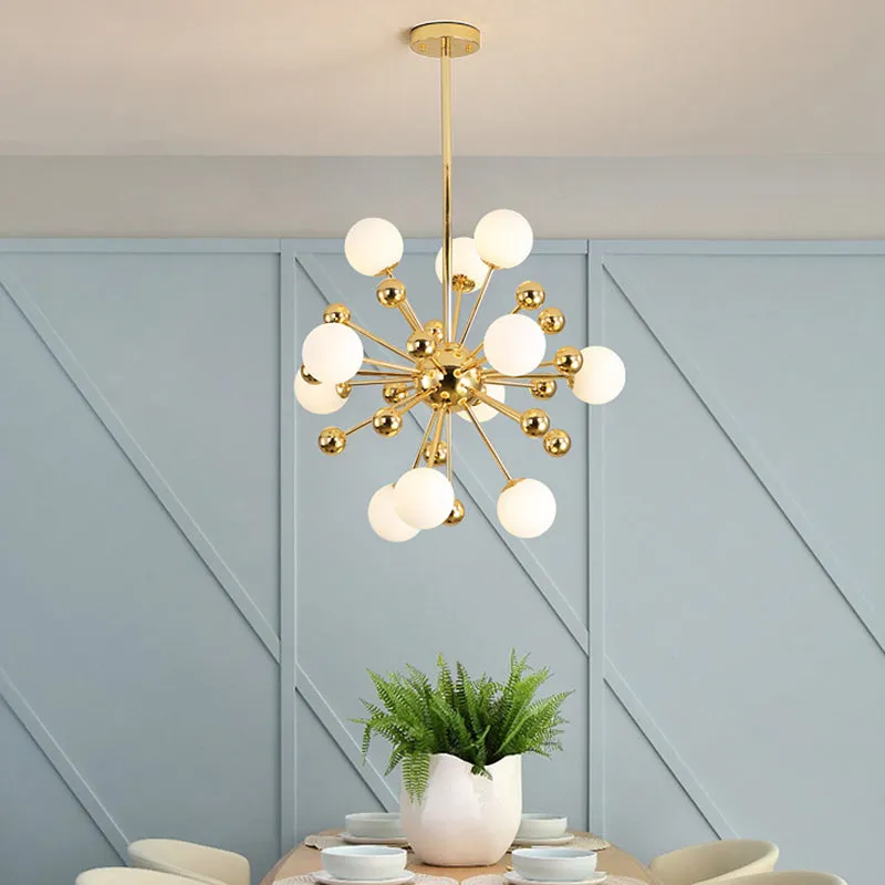 Gold Starburst Metal Chandelier Pendant Lamp with Multi Lights and White Glass Ball Shade - 23.5"/31.5"/39" Wide