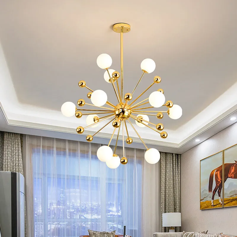 Gold Starburst Metal Chandelier Pendant Lamp with Multi Lights and White Glass Ball Shade - 23.5"/31.5"/39" Wide
