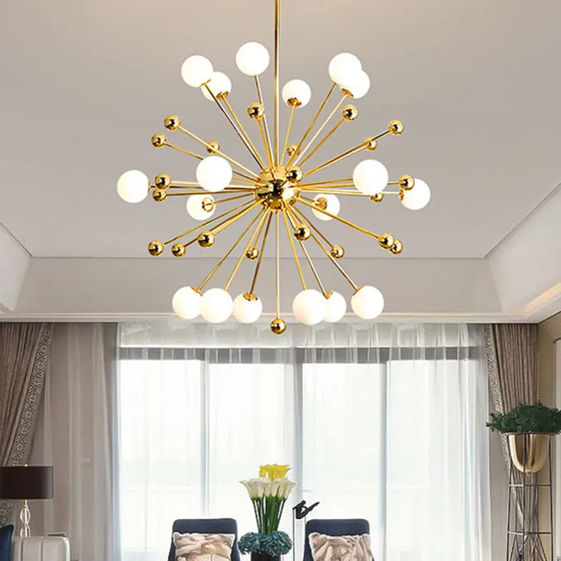 Gold Starburst Metal Chandelier Pendant Lamp with Multi Lights and White Glass Ball Shade - 23.5"/31.5"/39" Wide