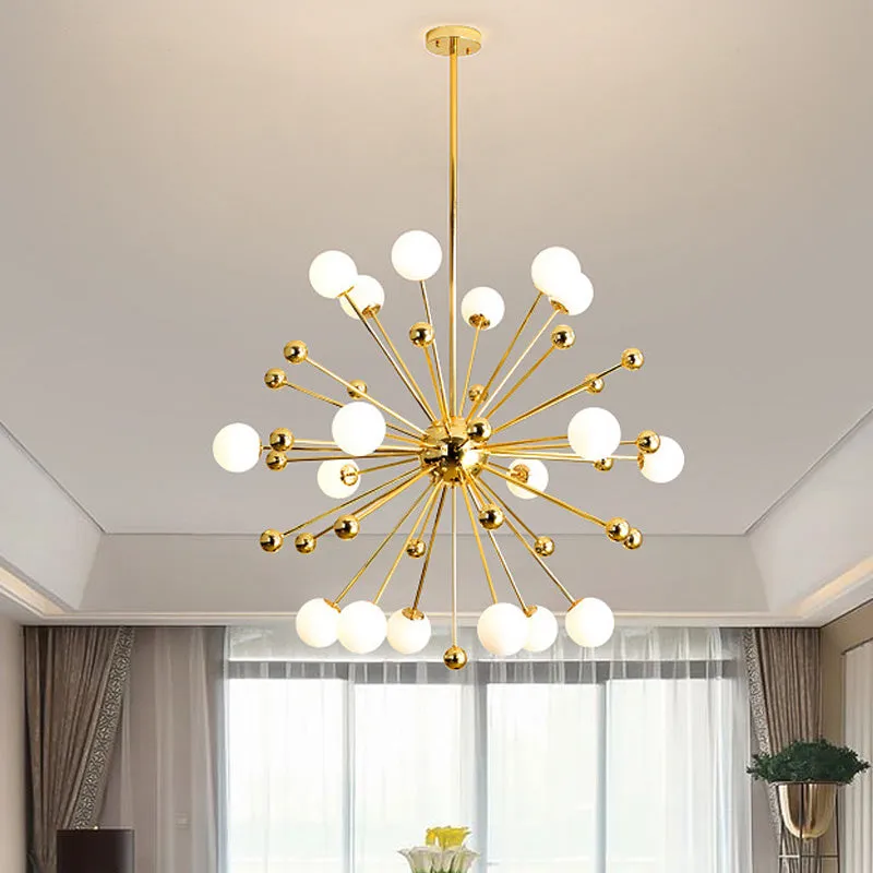Gold Starburst Metal Chandelier Pendant Lamp with Multi Lights and White Glass Ball Shade - 23.5"/31.5"/39" Wide