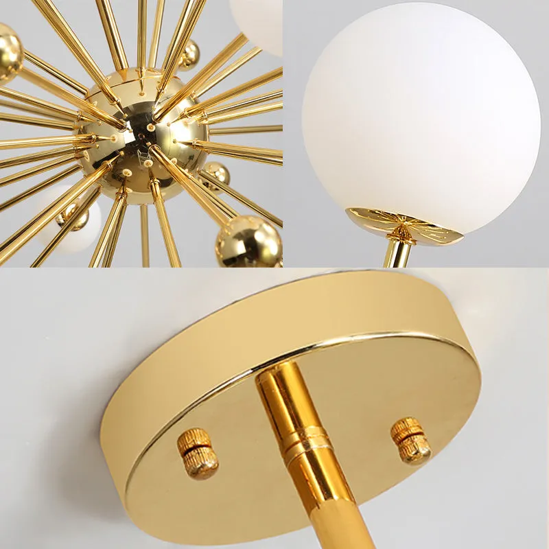 Gold Starburst Metal Chandelier Pendant Lamp with Multi Lights and White Glass Ball Shade - 23.5"/31.5"/39" Wide