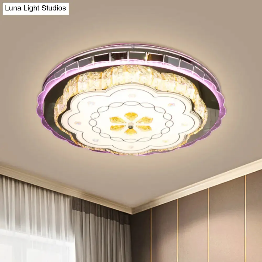 Modern Crystal Block LED Flush Ceiling Lamp in Stainless Steel with Floral Design