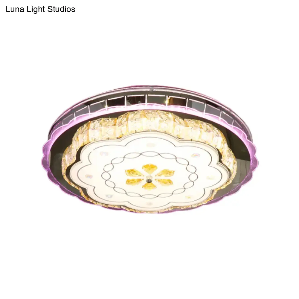 Modern Crystal Block LED Flush Ceiling Lamp in Stainless Steel with Floral Design