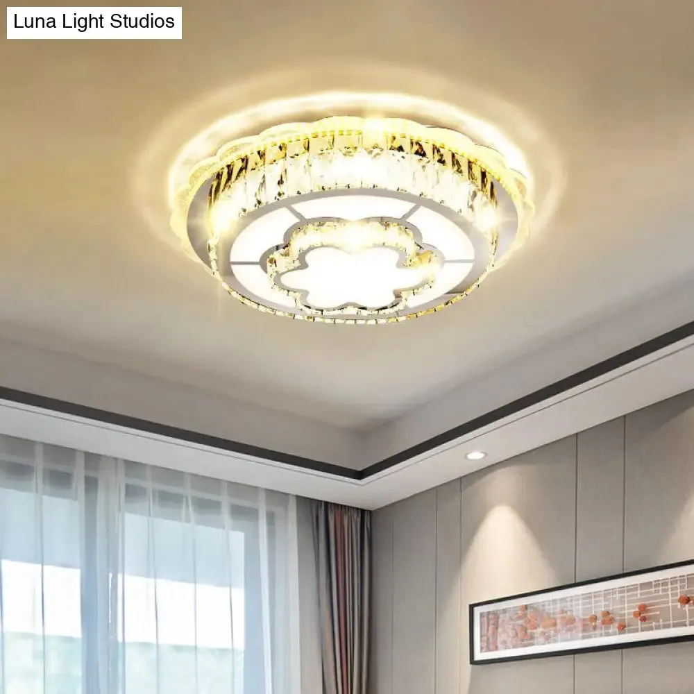Modern Round Crystal Ceiling Lamp with Stainless-Steel LED Flush Mount Lighting and Heart/Flower Pattern