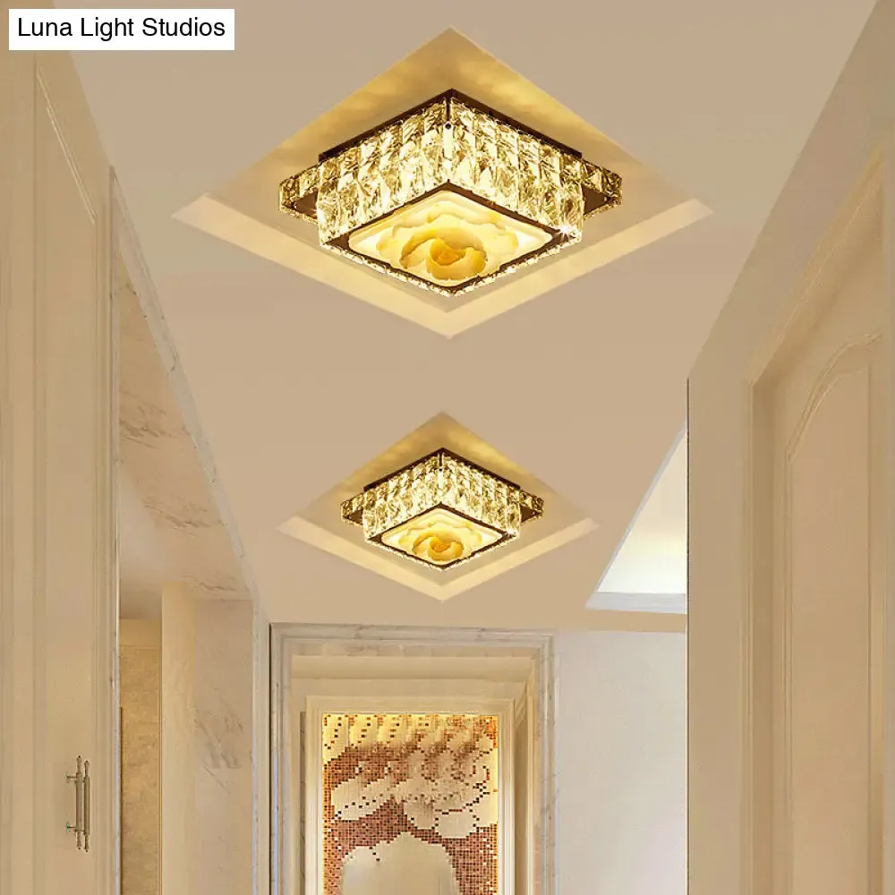 Simple LED Chrome Flush Mount Ceiling Lighting for Corridor - Crystal Block Round/Square Shape